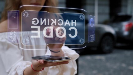 Unrecognizable blonde woman standing on the street interacts HUD hologram with text Hacking code. Girl in white clothes uses technology of the future mobile screen - Powered by Adobe