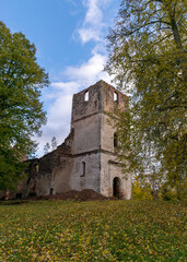 Fototapeta na wymiar landscape with old church ruins, ruins overgrown with bushes and grass, autumn time, Ergeme Evangelical Lutheran Church was one of the most beautiful churches in Latvia