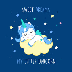 Fototapeta na wymiar Sweet dreams my little unicorn - Lovely baby unicorn sleeping on the cloud - Nursery print - Suitable for decorations, party invitations or greeting cards, baby shower decorations... 