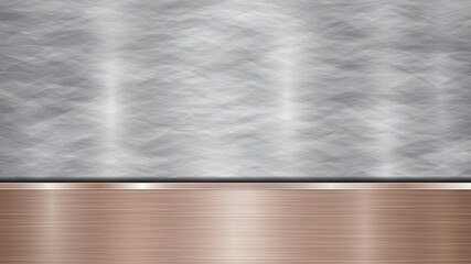 Background consisting of a silver shiny metallic surface and one horizontal polished bronze plate located below, with a metal texture, glares and burnished edges