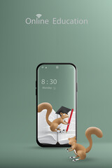 Online education with a concept of learning offers mobile phone, squirrel cartoon character with bachelor hat and pencil on a book.