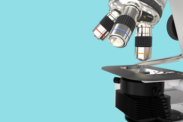 96 MPx high resolution renders of professional microscope with fictive design isolated on blue - medical 3d illustration, biotechnology discovery concept