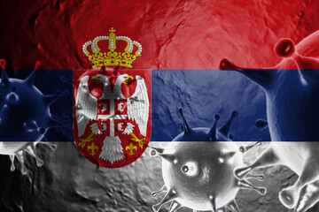VIRUS WITH Serbia FLAG, CORONA VIRUS, Flu coronavirus floating, micro view, pandemic virus infection, asian flu, covid, covid19, covid-19 3D RENDER.