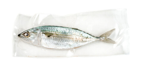 Fresh mackerel fish with vacuum plastic bag isolated on white background