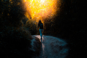 Fototapeta premium Chica bosque puesta de sol