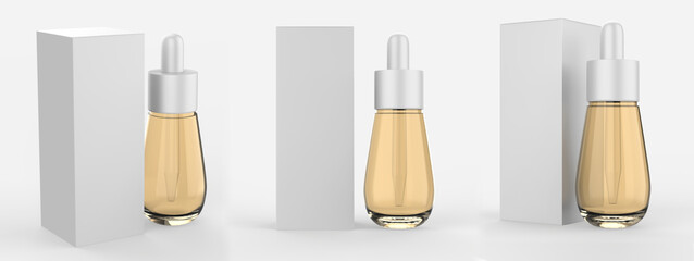 Amber tincture dropper bottle with box isolated white background.3d illustration