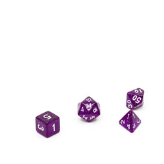 Set of purple Dungeons and Dragons board role playing dice, D20 Polygon Isolated on White #1