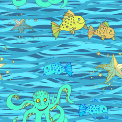 Obraz na płótnie Canvas Seamless wavy pattern. Vector sea abstract background with marine life.