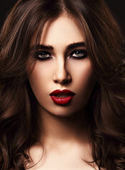 Fototapeta premium Beautiful bright makeup woman with long brown curly volume brown hair style, red lipstick, and black smokey eyes looking sexy. Closeup