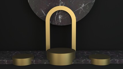 Marble and Gold Pedestal, Product Stand. 3D Rendering background,