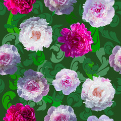 Seamless pattern of peonies on an abstract green background