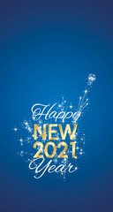 Happy New 2021 Year sparkle firework gold white blue vector greeting card