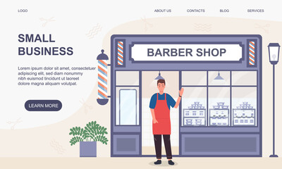 Small business and self-employment concept with a man standing at the entrance to his barbershop. Flat cartoon vector illustration. Web page, website or landing page template