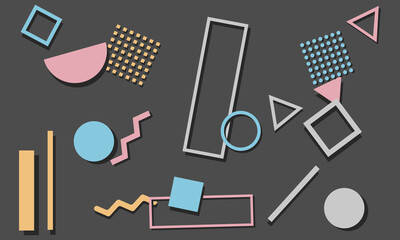 Abstract yellow, pink, blue, and white in memphis style on black background. Design for website.