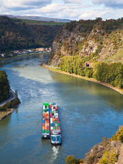 view of the river rhine gorge to the historic lorelei rock and container ship