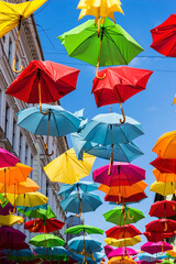 Fototapeta na wymiar Colorful umbrellas, Alba Iulia street in Timisoara, Romania.