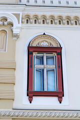 Architectural details of a window at a historical building located in Union Square. Timisoara. Romania.