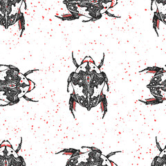 Seamless texture with hand drawn bugs. Beautiful graphic repeating background. 