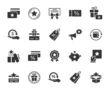 Vector set of loyalty program flat icons. Contains icons cashback, bonus card, discount coupon, promotion, gift certificate, rewards program and more. Pixel perfect.