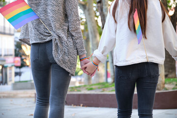 Unrecognizable lesbian couple holding hands wearing LGBT bracelets and with LGBT flags in their...