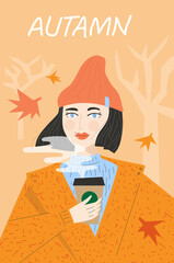 Autumn Girl Drinking Coffee Outdoors Poster