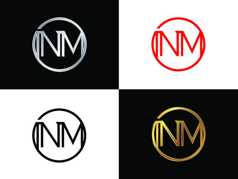 nm  Letter logo in circle shape gold and silver colored geometric ornaments. Vector design template elements for your business