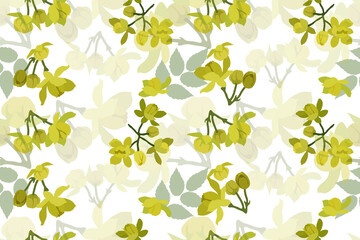 Elegant vector seamless floral pattern for fabric design, wallpaper, gift wrapping, white background, small yellow flowers Mahonia holly, green leaves