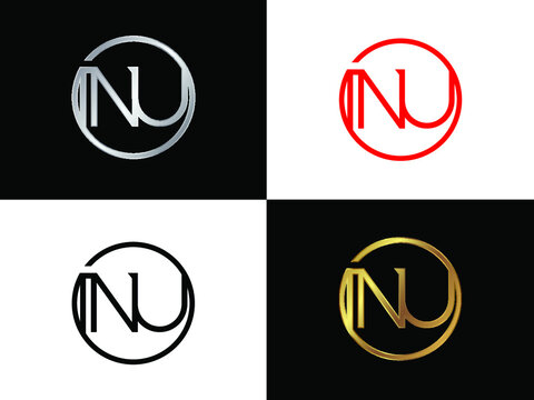 nu  Letter logo in circle shape gold and silver colored geometric ornaments. Vector design template elements for your business