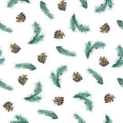 Watercolor seamless pattern with pine branch