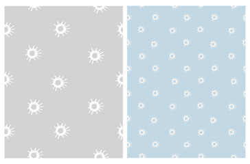 Cute Abstract Doodle Vector Patterns Set. Simple Infantile Style Geometric Print. Funny Hand Drawn Suns Isolated on a Light Gray and Pastel Blue Background.