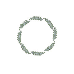 Watercolor round wreath with greenery leaves branch twig plant herb flora isolated on white background. Branch with leaves painted watercolor on white background for wedding invitation.