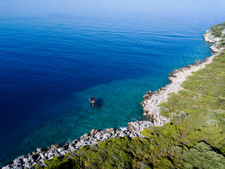 Aerial view of Boncuk Cove and shark researchers in Gokova Bay Turkey