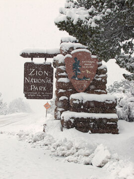 Zion East Entrance Sign in the Snow    