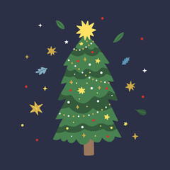 Christmas tree vector illustration. Festive fir tree cute clipart on dark background. Merry Christmas and Happy New Year holiday card