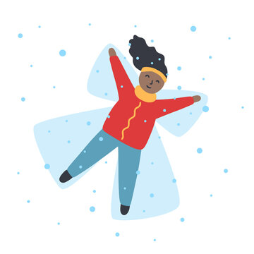 Girl making snow angel. Cute winter illustration. Vector girl lying in the snow
