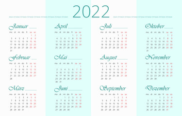 German 2022 Calendar template. 12 months. Horizontal Simple and clean design	