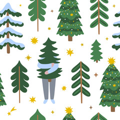 Seamless Christmas pattern with Christmas trees. Cute winter holidays background. Merry Christmas and Happy New year vector pattern