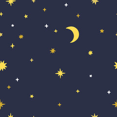 Obraz na płótnie Canvas Seamless night sky vector pattern. Background with moon and stars. Beautiful magic background