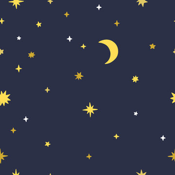 Seamless night sky vector pattern. Background with moon and stars. Beautiful magic background