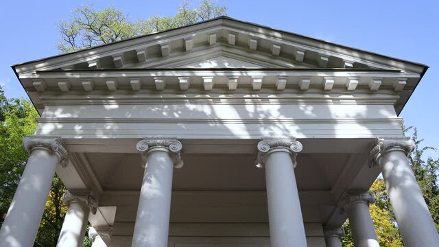 Temple of Sybil facade, initially known as Greek Temple or Temple of Diana in Lazienki Krolweskie, Royal Baths Park in Warsaw city, Poland, 4k