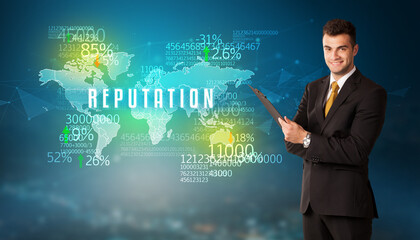 Businessman in front of a decision with REPUTATION inscription, business concept