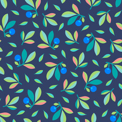 Blueberry branches and leaves on navy blue background scattered seamless pattern.