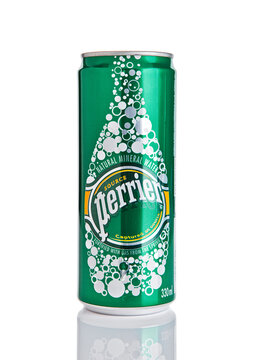 LONDON, UK - DECEMBER 06, 2016: Tin of Perrier sparkling mineral water. Perrier is a French brand of natural bottled mineral water sold worldwide.
