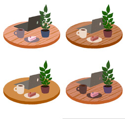 set of working home, pattern at home on table, work with cup of coffee, freelancer, work place, self-isolation, cozy breakfast