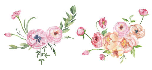 Watercolor floral illustration - leaves and branches frame with flowers and leaves for wedding stationary, greetings, wallpapers, background. Roses, green leaves. High quality illustration