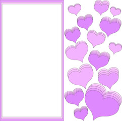 Romantic greeting card with large purple-pink hearts. Shadows from many hearts of different sizes. Place under the label. Copyspace. Congratulations on Valentine's day, anniversary, wedding