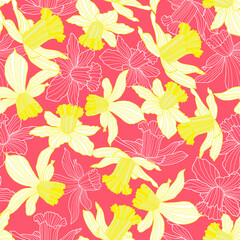 raster illustration. white daffodils with line art on pink background repeat pattern.