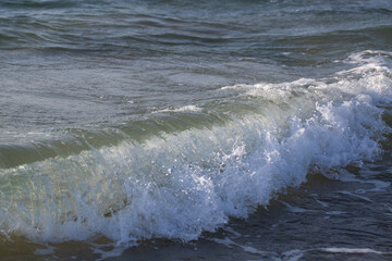 Sea Waves. Beautiful Sea landscape. Idea for wallpaper, postcard, poster design, banner, copy space for your text, close up. waves on the beach