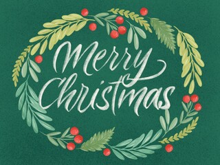 Green leaves and red berries wreath greeting card on dark green background. Botanical illustration. Merry Christmas chalk lettering greeting card.