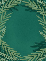 Green leaves and branches frame on dark green background. Winter holidays greeting card template.
